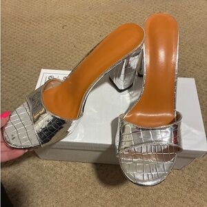 Silver Croc-Embossed Block Heel Mules - Women's